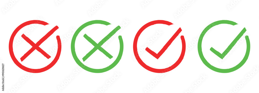 Check mark, tick and cross brush signs, Two dirty grunge cross x and tick OK check marks in check boxes, symbols YES and NO button for vote, hand drawn with brush strokes vector illustration Check mark, tick and cross brush signs, Two dirty grunge cross x and tick OK check marks in check boxes, symbols YES and NO button for vote, hand drawn with brush strokes vector illustration