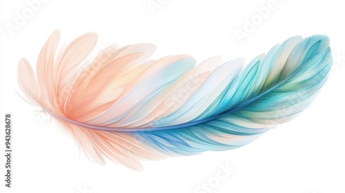 A feather with pink, blue and orange colors