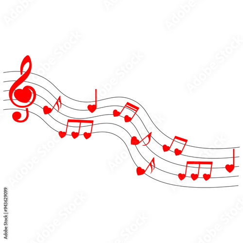 Music notes, heart shape, vector illustration.