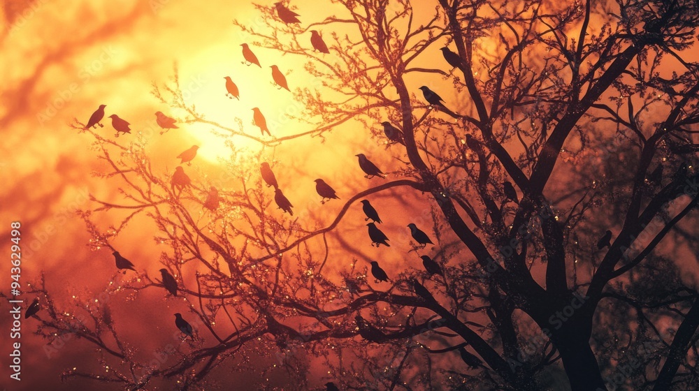 A flock of birds gathering in a tree, chirping and singing together as the sun sets. A flock of birds gathering in a tree, chirping and singing together as the sun sets.