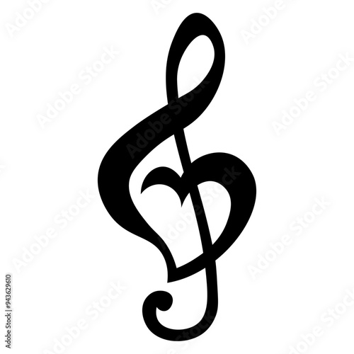 Music note treble clef, heart shape, vector illustration.