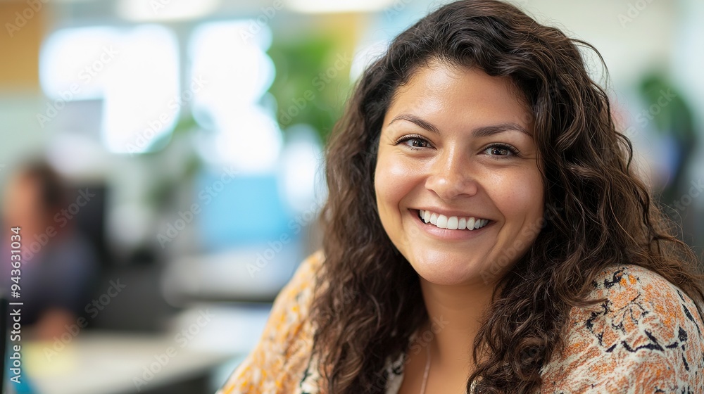 Hispanic woman smiling in an office out of focus Hispanic woman smiling in an office out of focus