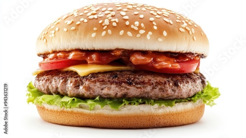 A hamburger with lettuce and tomato on top of a bun