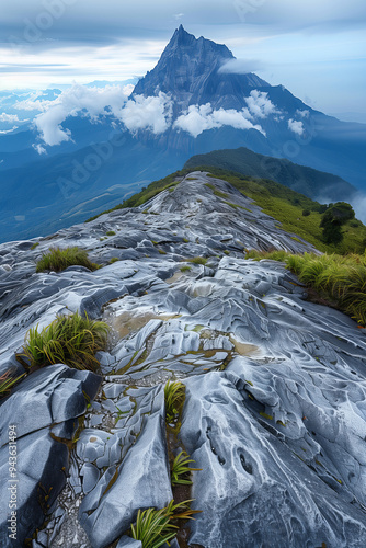 Majestic Mount Kinabalu Peak with Scenic Ridge Trail and Dramatic Clouds in Borneo's Misty Morning, Sabah, Malaysia - Serene Mountain Landscape Photography