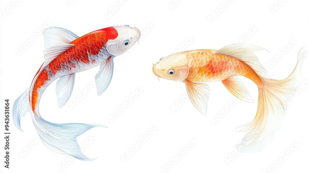 Two gold and white fish swimming side by side Two gold and white fish swimming side by side