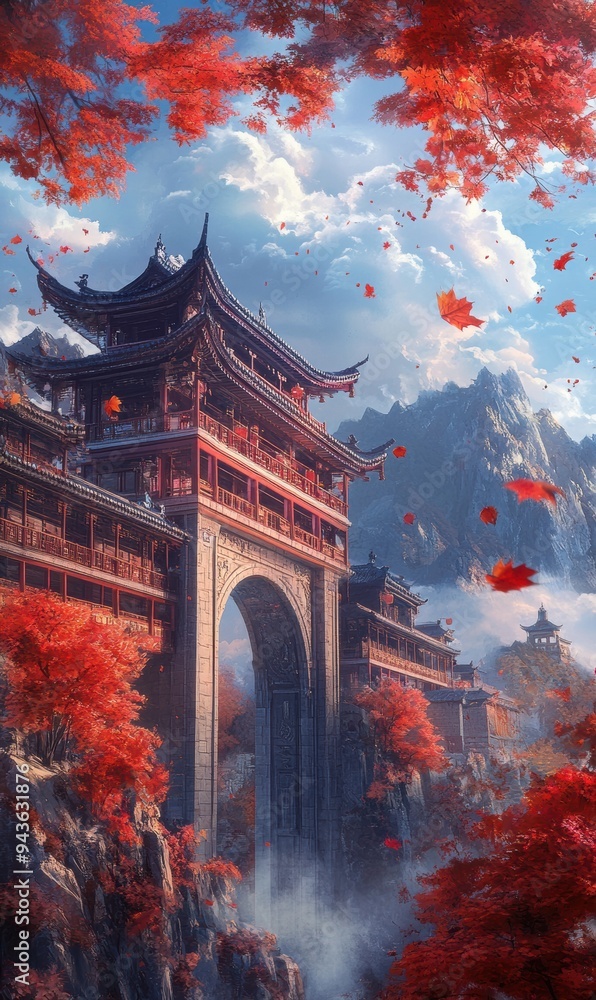 Obraz premium Majestic Chinese-style architecture surrounded by vibrant red maple trees in a serene mountainous landscape