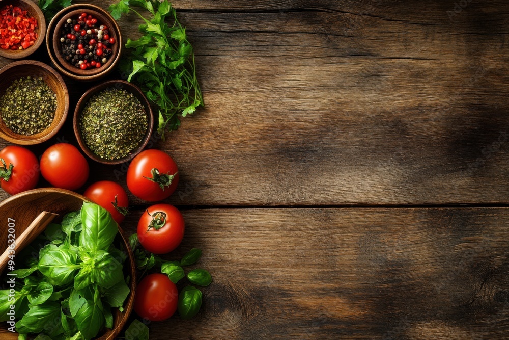 Fresh Herbs and Spices with Tomatoes on Rustic Table
Fresh Herbs and Spices with Tomatoes on Rustic Table