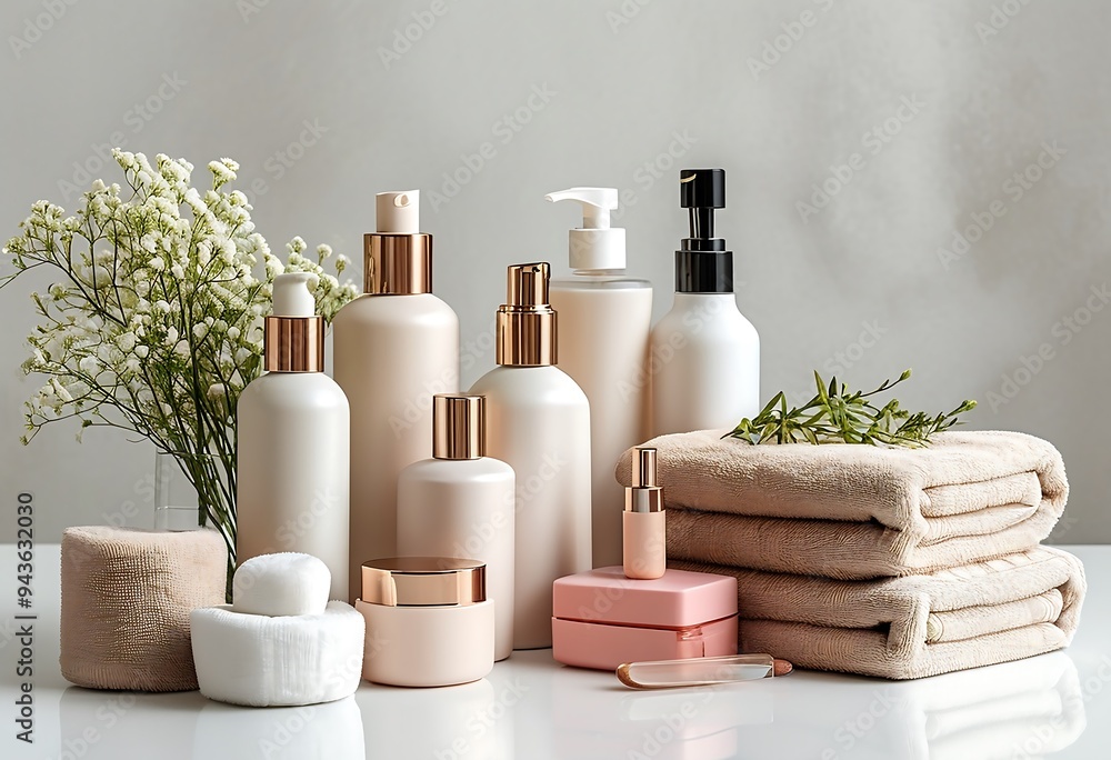 Cosmetics and soft towels elegantly arranged on white table, conveying cleanliness and elegance. Cosmetics and soft towels elegantly arranged on white table, conveying cleanliness and elegance.