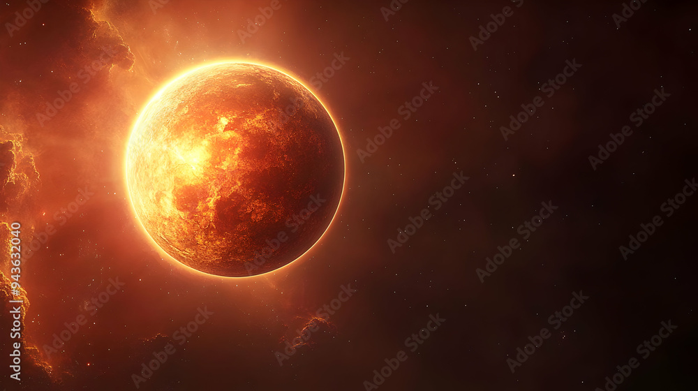A fiery red planet in space surrounded by nebulae and stars. A fiery red planet in space surrounded by nebulae and stars.