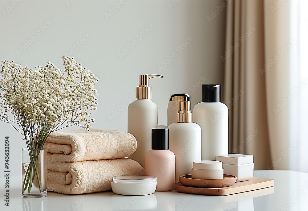Cosmetics and soft towels elegantly arranged on white table, conveying cleanliness and elegance. Cosmetics and soft towels elegantly arranged on white table, conveying cleanliness and elegance.
