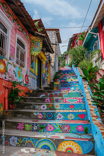 Colorful Artistic Street Stairs in a Vibrant Urban Neighborhood with Painted Walls and Floral Murals, Medellín, Colombia - Cultural and Creative Street Art