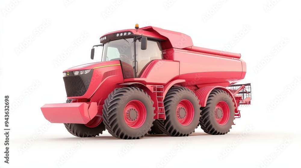 A red tractor with a yellow cab is parked on a white background A red tractor with a yellow cab is parked on a white background