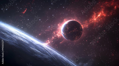 A fiery red planet with a g...