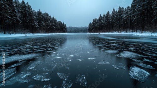Bare trees and snow-covered banks frame a cold winter landscape, where a frozen lake dotted with ice patches takes center stage.