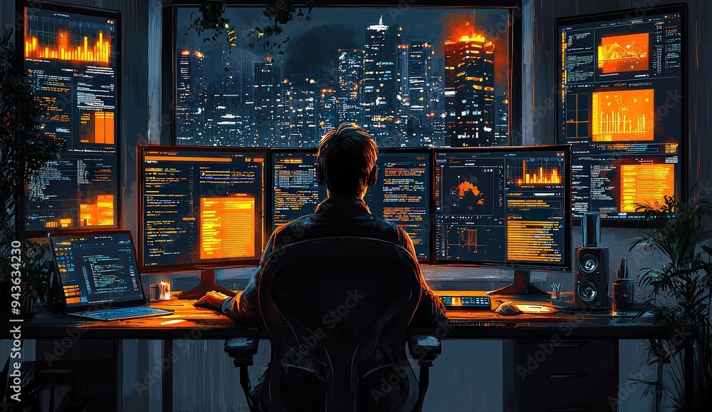 IT professional sitting at their desk, surrounded by multiple computer screens displaying various software applications and digital tools. IT professional sitting at their desk, surrounded by multiple computer screens displaying various software applications and digital tools.