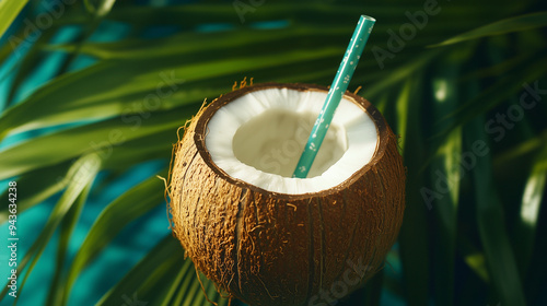 Juicy coconut with a straw, fresh from the tree, tropical vibes, refreshing and hydrating