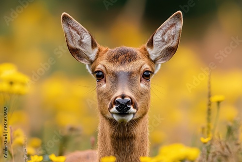 An intimate portrait of a deer with prominent ears and a soft expression standing amidst vibrant yellow flowers in a serene meadow background. photo