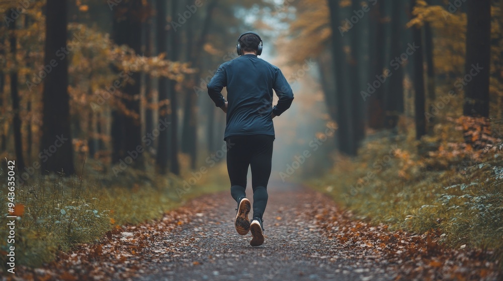 A man running alone on a quiet forest trail, headphones on, symbolizing the use of fitness for mental clarity and stress relief.