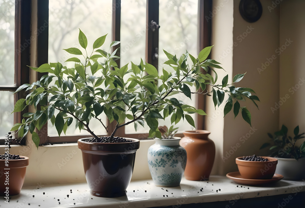 Black pepper branch against a soft-focus background of a rustic kitchen Black pepper branch against a soft-focus background of a rustic kitchen