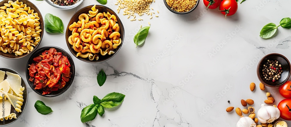 A selection of pasta dishes adorned with fresh ingredients beautifully presented on a clean white marble surface with a clear area for text or graphics known as a copy space image A selection of pasta dishes adorned with fresh ingredients beautifully presented on a clean white marble surface with a clear area for text or graphics known as a copy space image
