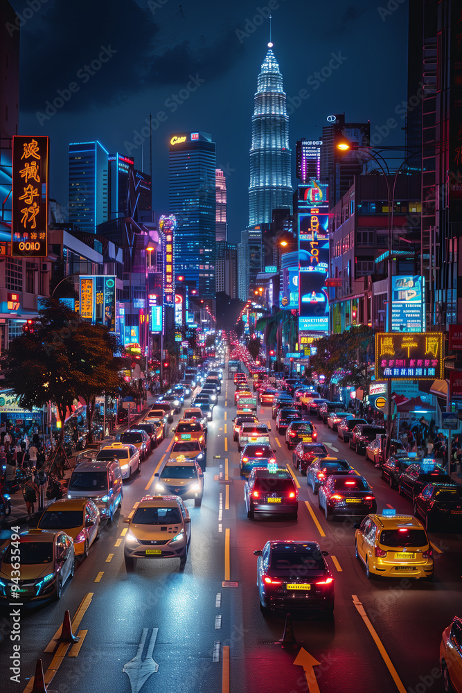 Bustling city street at night with vibrant neon lights, heavy traffic, and towering skyscrapers in the background, capturing the energy of urban life. Bustling city street at night with vibrant neon lights, heavy traffic, and towering skyscrapers in the background, capturing the energy of urban life.