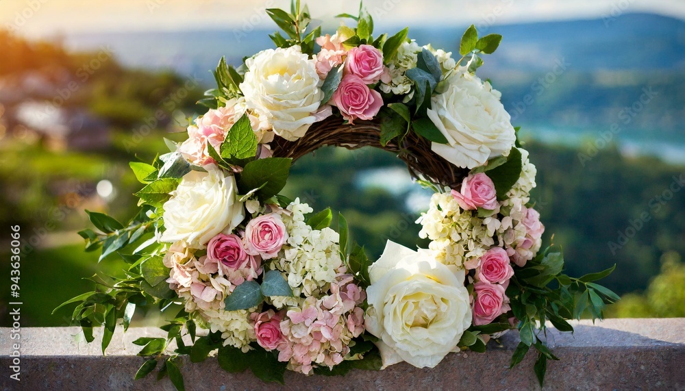 decorated wreath of white rose and pink hydrangeas and round safe set flowers decorated wreath of white rose and pink hydrangeas and round safe set flowers