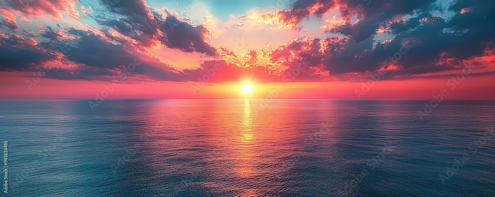 Beautiful sunset sky with colorful clouds over the ocean. A view from above of an endless horizon. The sun is setting, casting warm hues across the water Beautiful sunset sky with colorful clouds over the ocean. A view from above of an endless horizon. The sun is setting, casting warm hues across the water