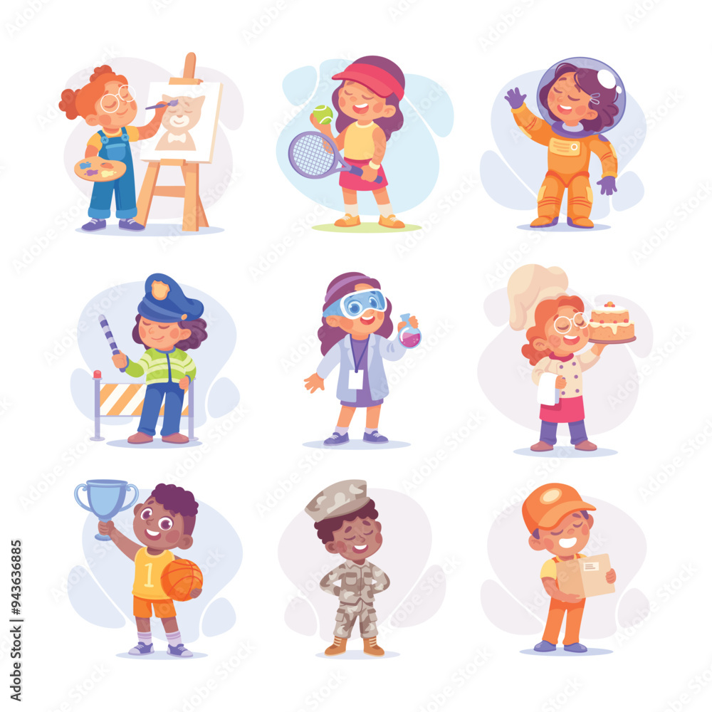 Child Profession Doing Different Job in Costume Vector Set Child Profession Doing Different Job in Costume Vector Set