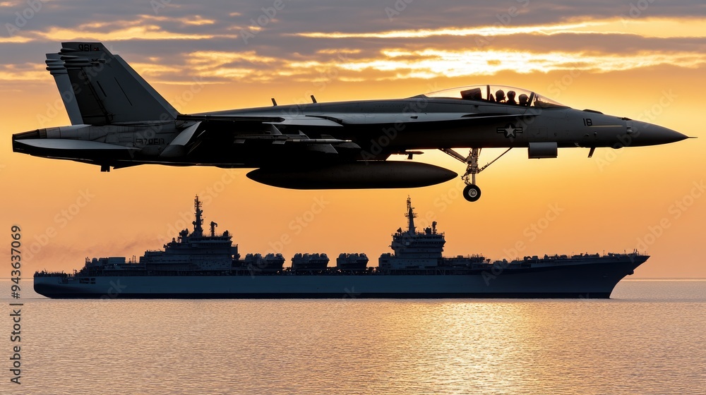 Fototapeta premium Fighter jets perform a dynamic display over the ocean, launching rockets against a stunning sunset backdrop, with warships visible at a distance