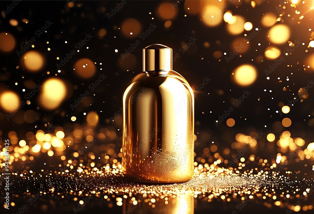 Golden bottle, sparkling dark background, gold glitter, bokeh, luxurious cosmetic poster. Golden bottle, sparkling dark background, gold glitter, bokeh, luxurious cosmetic poster.