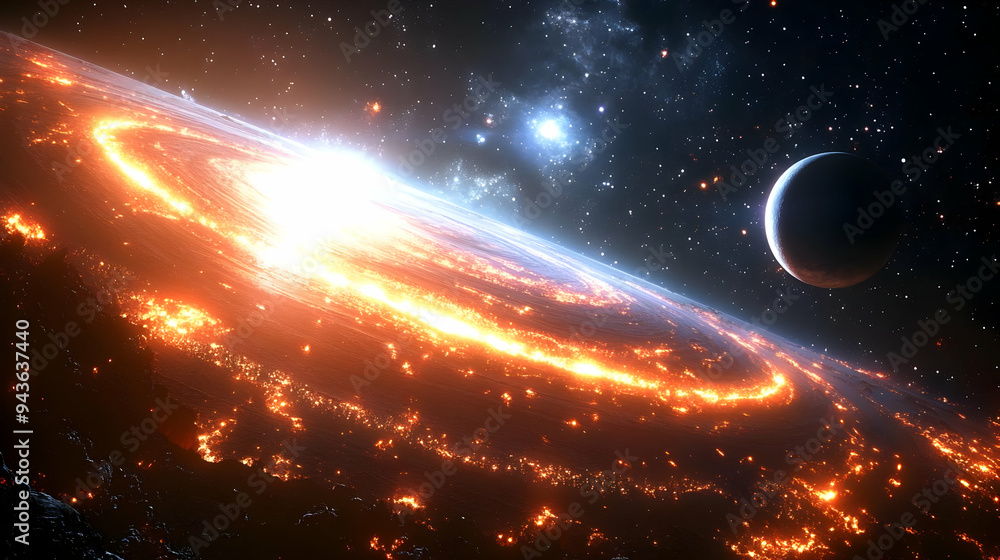 A fiery ring of light encircles a planet in space, with a bright star in the background. A fiery ring of light encircles a planet in space, with a bright star in the background.