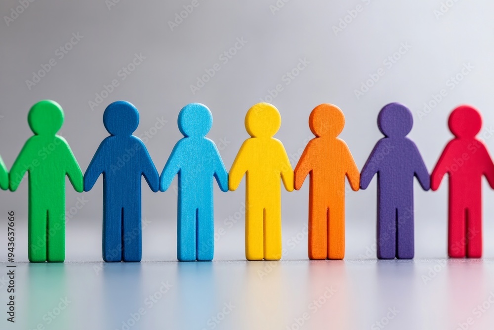 Vibrant, colorful figures holding hands in a line, symbolizing unity, diversity, and inclusion Vibrant, colorful figures holding hands in a line, symbolizing unity, diversity, and inclusion