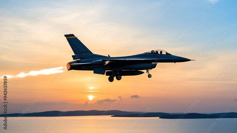 Fighter jets perform a dynamic display over the ocean, launching rockets against a stunning sunset backdrop, with warships visible at a distance Fighter jets perform a dynamic display over the ocean, launching rockets against a stunning sunset backdrop, with warships visible at a distance