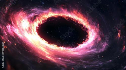 A fiery ring of nebula surrounds a black hole in a swirling galaxy. photo