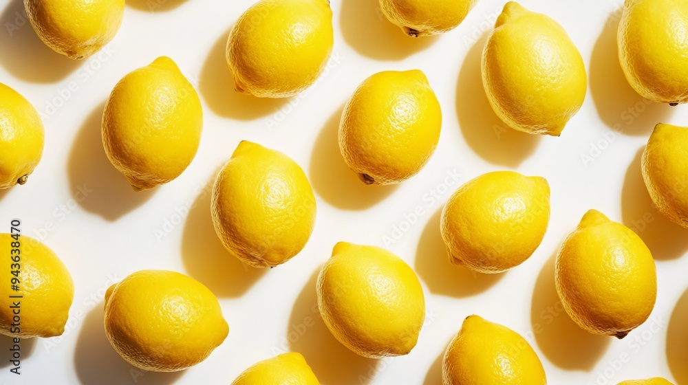 Yellow lemons with a slightly rough skin lie scattered across a white surface. The lemons are ripe, as evidenced by their bright yellow color and smooth, shiny surface. Yellow lemons with a slightly rough skin lie scattered across a white surface. The lemons are ripe, as evidenced by their bright yellow color and smooth, shiny surface.
