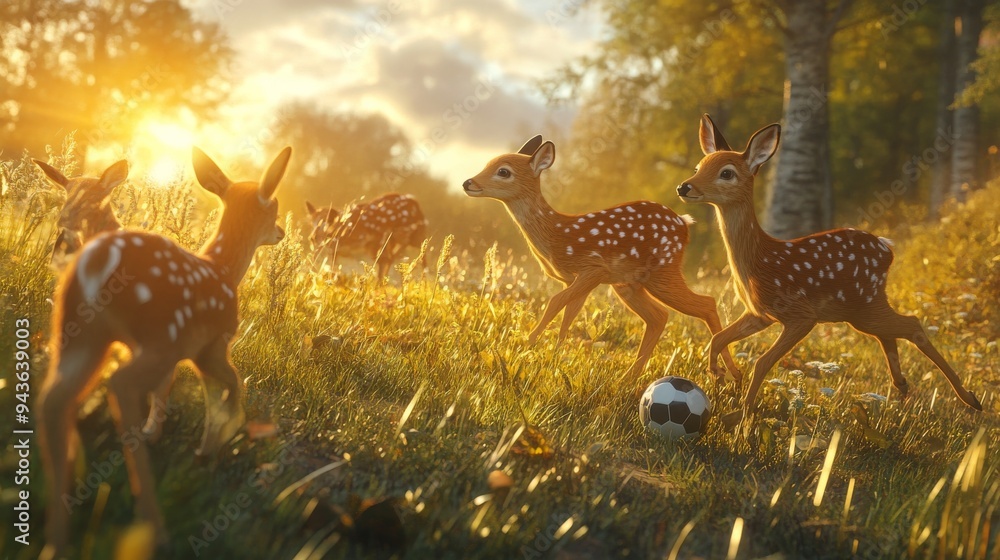 Naklejka premium A team of deer playing soccer in a meadow, kicking the ball between tall grasses and trees.