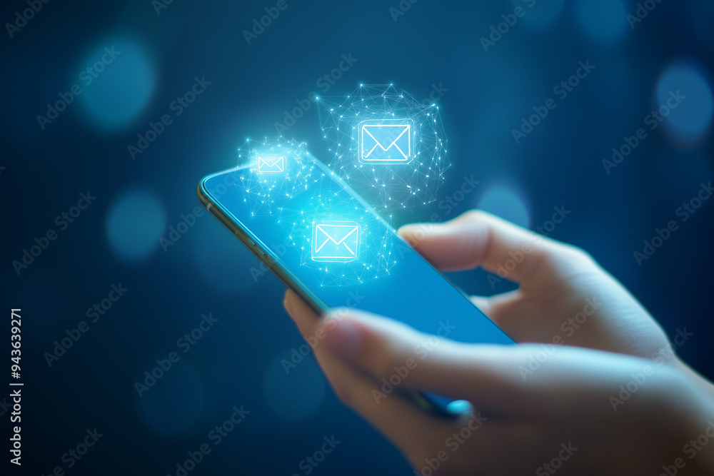 Close-Up Hand with Glowing Email Icons. A hand holding a smartphone with glowing email icons, suitable for technology and communication themes. Close-Up Hand with Glowing Email Icons. A hand holding a smartphone with glowing email icons, suitable for technology and communication themes.