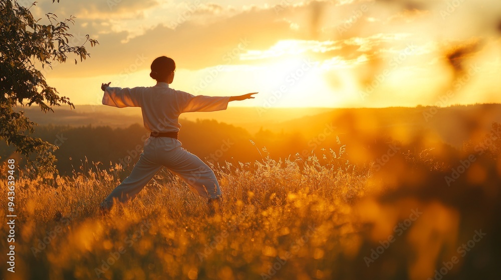 A tranquil outdoor scene with a person doing tai chi at sunrise, blending fitness with mindfulness for enhanced mental health. A tranquil outdoor scene with a person doing tai chi at sunrise, blending fitness with mindfulness for enhanced mental health.