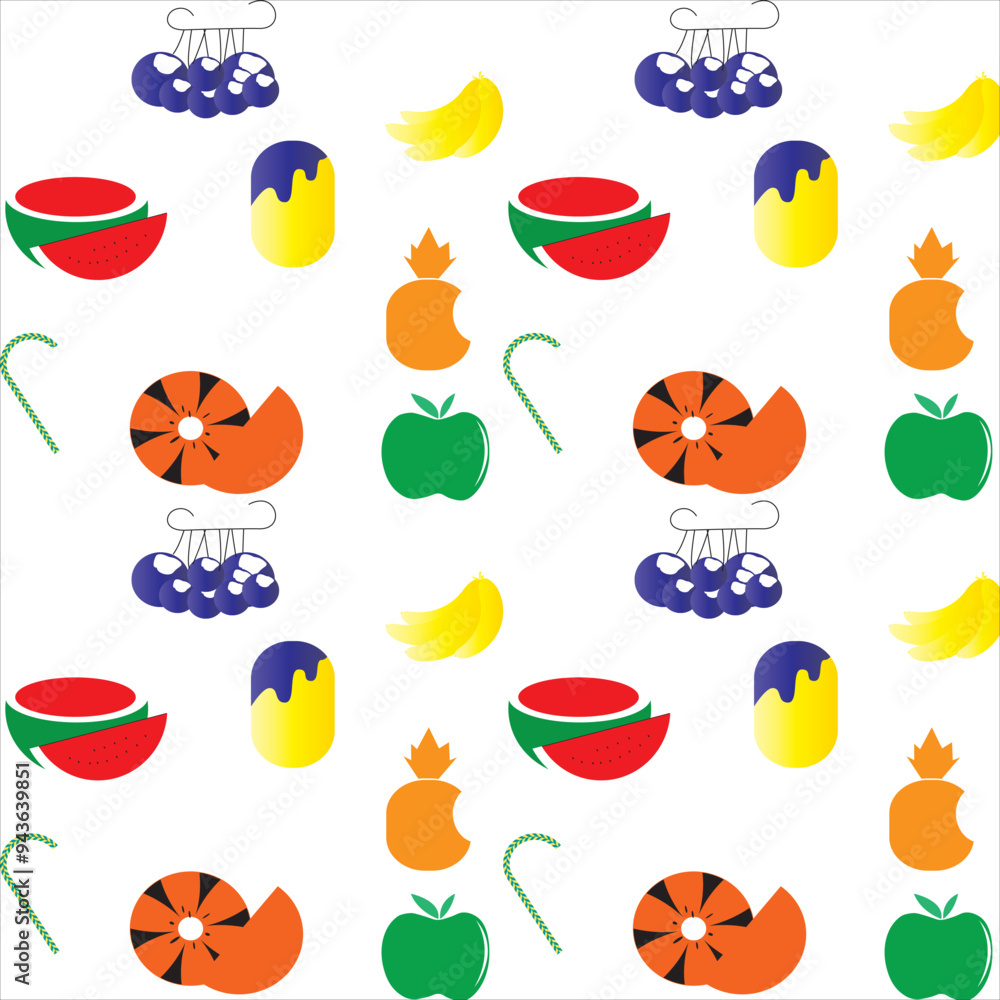 FruitA playful vector pattern featuring various fruits like apples, bananas, grapes, oranges, watermelons, and pineapples, along with ice cream and candy. Ideal for summer-themed projects, kids' produ FruitA playful vector pattern featuring various fruits like apples, bananas, grapes, oranges, watermelons, and pineapples, along with ice cream and candy. Ideal for summer-themed projects, kids' produ