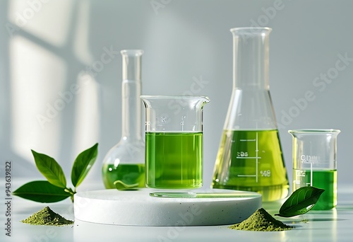 Lab scene with green tea, flasks, podium, highlights science behind natural beauty products. photo