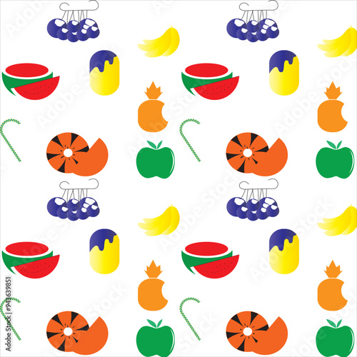 FruitA playful vector pattern featuring various fruits like apples, bananas, grapes, oranges, watermelons, and pineapples, along with ice cream and candy. Ideal for summer-themed projects, kids' produ