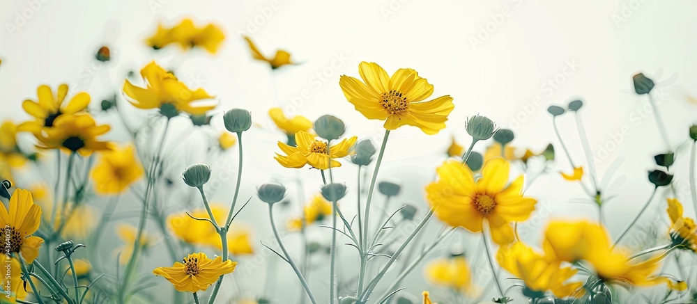 Close up of yellow flowers on white backdrop with copy space image available Close up of yellow flowers on white backdrop with copy space image available