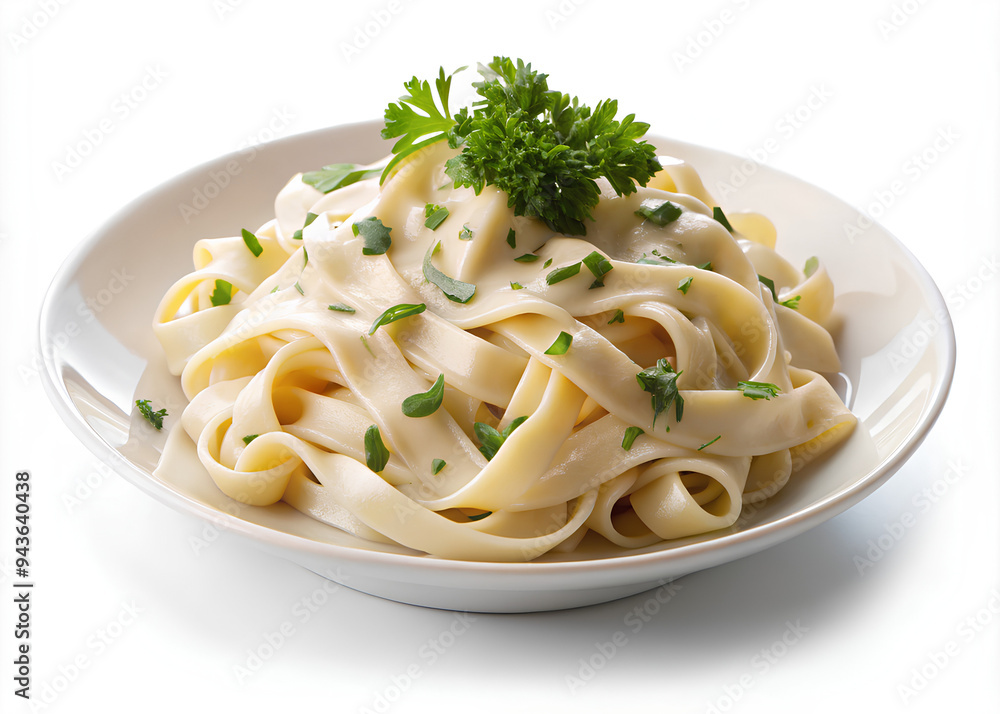 Alfredo fettuccine pasta topped Creamy sauce with fresh herbs isolated on white background, Clipping path Alfredo fettuccine pasta topped Creamy sauce with fresh herbs isolated on white background, Clipping path