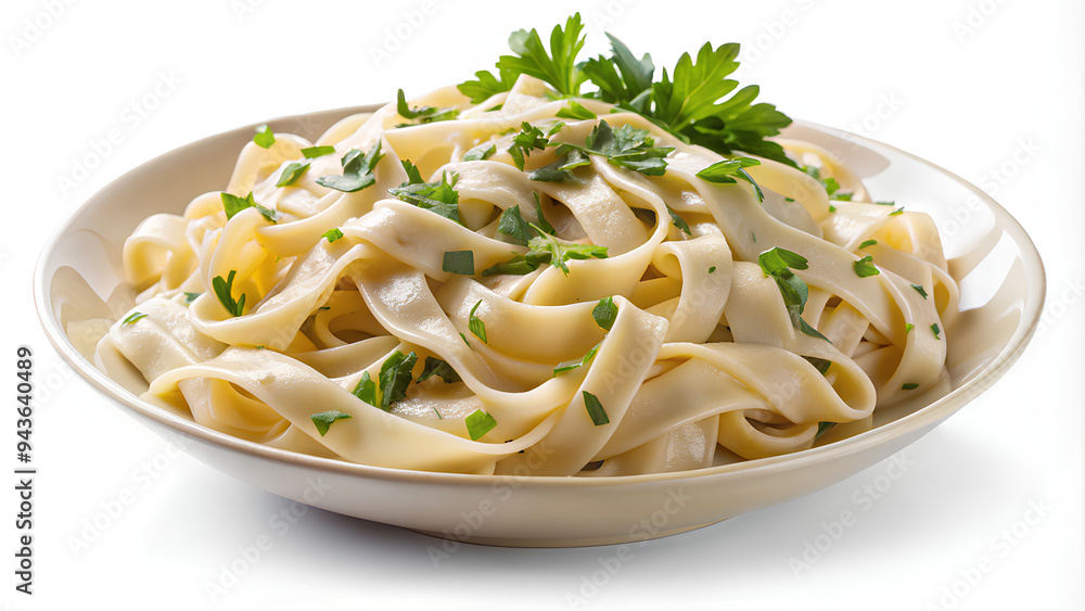 Alfredo fettuccine pasta topped Creamy sauce with fresh herbs isolated on white background, Clipping path Alfredo fettuccine pasta topped Creamy sauce with fresh herbs isolated on white background, Clipping path
