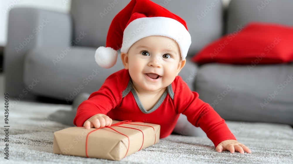 A baby wearing a Santa hat is playing with a brown box. The baby is smiling and seems to be enjoying the moment A baby wearing a Santa hat is playing with a brown box. The baby is smiling and seems to be enjoying the moment