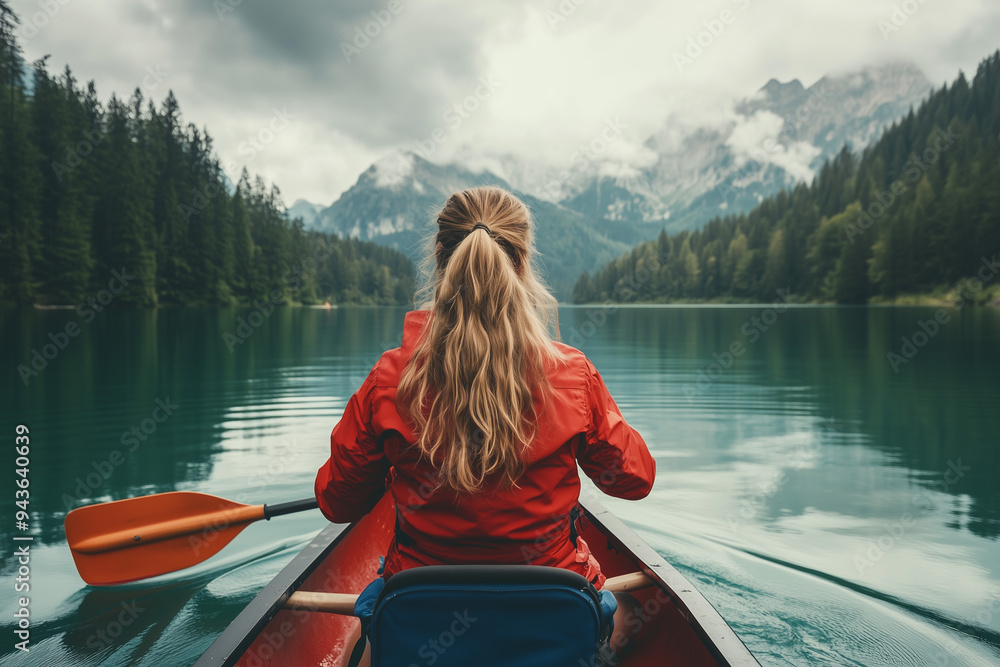 Rear View of Canoeing Adventure in Nature. Young woman canoeing in a serene mountain lake. Rear View of Canoeing Adventure in Nature. Young woman canoeing in a serene mountain lake.
