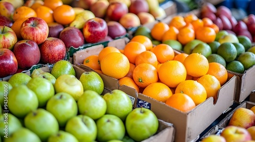 Fototapeta Naklejka Na Ścianę i Meble -  Colorful variety of fresh fruits at a market stall.