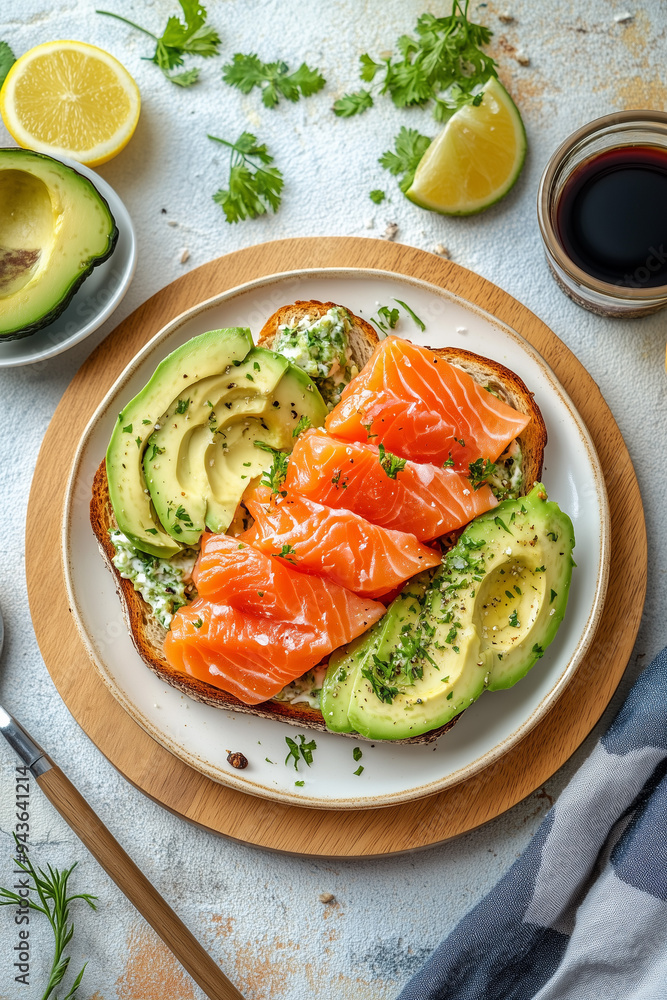Flat Lay Gourmet Avocado Salmon Toast. Overhead shot of smoked salmon and avocado toast, perfect for healthy lifestyle themes. Flat Lay Gourmet Avocado Salmon Toast. Overhead shot of smoked salmon and avocado toast, perfect for healthy lifestyle themes.