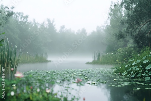 Tranquil foggy lake with lily pads and lush greenery. photo