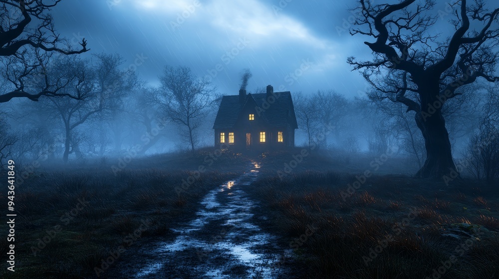 A quaint home crushed under the weight of fallen trees, fantasy art style, dark moody lighting, dramatic shading, creating an eerie yet captivating post-apocalyptic scene. A quaint home crushed under the weight of fallen trees, fantasy art style, dark moody lighting, dramatic shading, creating an eerie yet captivating post-apocalyptic scene.
